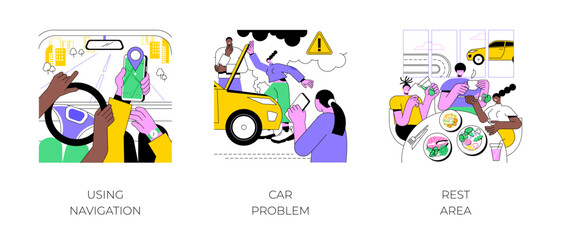 Poster - road trip isolated cartoon vector illustrations set. couple driving car and using gps navigator, nav
