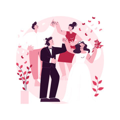 Poster - Wedding party abstract concept vector illustration. Wedding planning service, marriage party idea, bride and bridesmaid dress, venue decoration, bouquet design, menu and bar abstract metaphor.