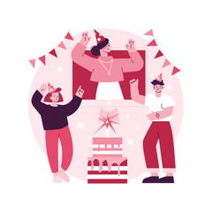 Poster - Online birthday party abstract concept vector illustration. Virtual celebration, happy people, quarantine event, birthday cake candle and confetti, video call, family fun, gift abstract metaphor.