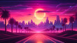 Synthwave 3d retro cyberpunk style landscape background banner or wallpaper. Bright neon pink and purple colors, generative ai