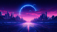 Synthwave 3d Retro Cyberpunk Style Landscape Background Banner Or Wallpaper. Bright Neon Pink And Purple Colors, Generative Ai