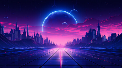 Wall Mural - Synthwave 3d retro cyberpunk style landscape background banner or wallpaper. Bright neon pink and purple colors, generative ai