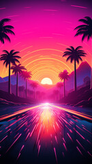 Wall Mural - Synthwave 3d retro cyberpunk style landscape background banner or wallpaper. Bright neon pink and purple colors, generative ai