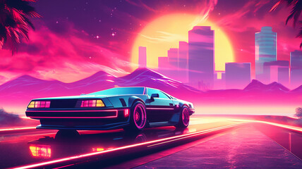 Wall Mural - Synthwave 3d retro cyberpunk style landscape background banner or wallpaper. Bright neon pink and purple colors, generative ai