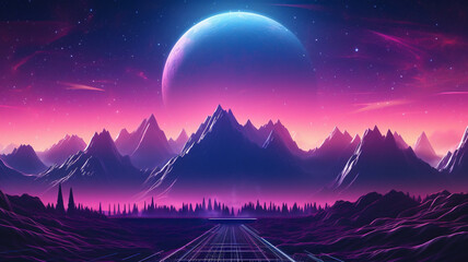 Wall Mural - Synthwave 3d retro cyberpunk style landscape background banner or wallpaper. Bright neon pink and purple colors, generative ai