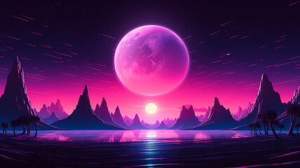 Wall Mural - Synthwave 3d retro cyberpunk style landscape background banner or wallpaper. Bright neon pink and purple colors, generative ai