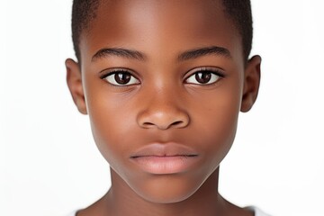 a closeup photo portrait of a beautiful young black african afro american model teen boy looking forward. child ad with copyspace. isolated on white background. Generative AI