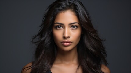 Wall Mural - confident gaze: a captivating portrait of a young woman with long, dark hair, her gaze directly enga