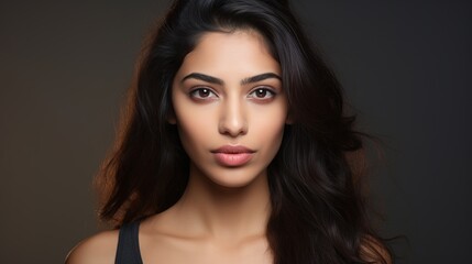 Wall Mural - serene gaze: a young woman with long, dark hair and captivating eyes gazes directly at the camera, e