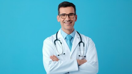 Wall Mural - portrait of a smiling doctor on light blue background