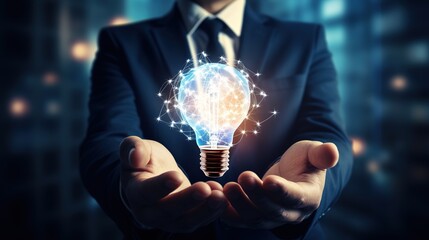 Poster - businessman holding light bulb. generative ai