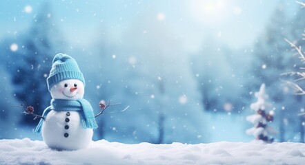 Landscape with snowman, falling snowflakes, holidays and christmas concept, bokeh background. Generative AI