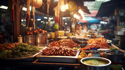 Outdoor asian food market, with meat, vegetables and fruit, generative ai