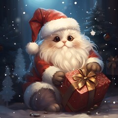 Wall Mural - Pet with big box, present, gift for good children. Surprise for kids. A little cat with Santa Claus hat, blurred background.