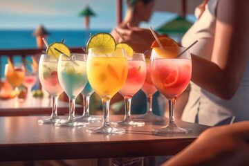 young woman sitting at a table with refreshing cocktails by the sea. 