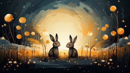 An autumn landscape with adorable bunnies under the moon, celebrating the mid autumn festival. Generative AI. 