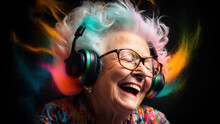 Senior Citizen Woman Listening To Loud Colorful Music On Headphones