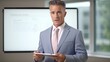© SayLi - handsome mature american businessman executive manager holding presentation of growth concept idea in front of shareholders in meeting office of a company. showing finger on white board. Generative AI