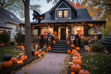 House Decorated For Halloween With Pumpkins And Webs, Witches And Ghosts, Generative AI