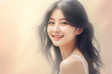 Hyper-realistic close-up portrait of illustrated a young woman exuding positivity, captured in a studio setting against an impactful pastel background. Generative AI.