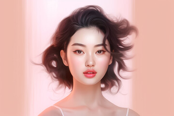 Hyper-realistic close-up portrait of illustrated a young woman exuding positivity, captured in a studio setting against an impactful pastel background. Generative AI.