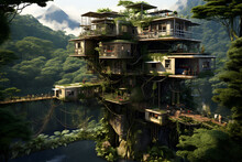 Post-apocalyptic Dwellings That Ingeniously Blend Survival And Innovation. Green Energy. Dwellings In The Jungle. Close-up View. Photorealistic. Future Architechture Green. 
