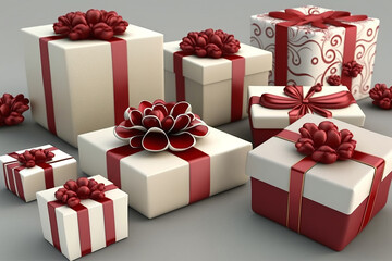 Wall Mural - Many white and red gift boxes with bows, Christmas sale concept, generative AI