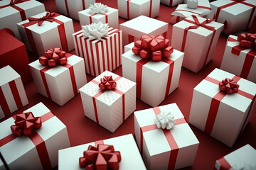 Wall Mural - Many white and red gift boxes with bows, Christmas sale concept, generative AI