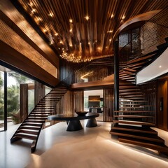 interior of a room, modern living room, Interior design of modern entrance hall with staircase in villa.