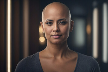 Wall Mural - A woman with a shaved head is smiling at the camera