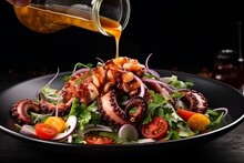Seafood Fresh Salad With Octopus And Pouring Sauce.