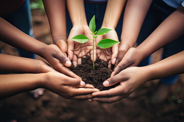 Wall Mural - Group of volunteers joins hands together for plant a tree, World environment day global