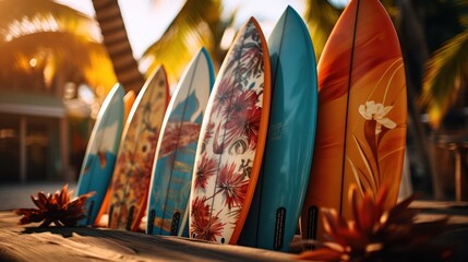 Close-up view of several colorful bright surfboards lying on the wall at the beach. 