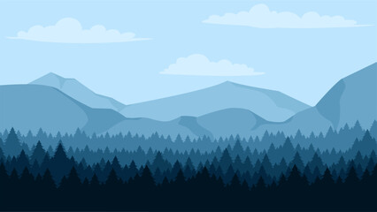 Wall Mural - Forest landscape vector illustration. Pine forest in the mountain silhouette landscape. Deep forest landscape for background, wallpaper, display or landing page. Coniferous mountain panorama scene