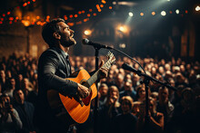 Popular Country Music Performer With A Guitar On A Big Stage Under Spotlights