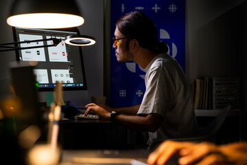 Aufkleber - Asian man graphic designer working on computer drawing sketches logo design. The concept of a new brand. Professional creative occupation with idea.