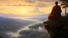 Buddhist Monk In Meditation At Beautiful Sunset Or Sunrise Background On High Mountain