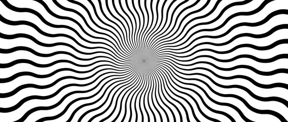Poster - Optical illusion background. Black and white abstract distorted wavy lines surface. Radial waves poster design. Hypnotic ornamental horizontal wallpaper. Vector op art illustration