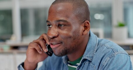Aufkleber - Phone call, face and a designer black man working on his laptop in the office for creative business. Communication, contact and smile with a happy design employee talking on his mobile for planning