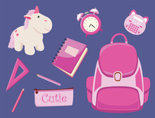 Bright Cute Set Of School Supplies For Girls, Including Plush Unicorn Toy, Pencils, Copybooks, Backpack, Alarm Clock, Ruler, Calculator And Pencil Case. Isolated On Dark Background 