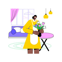 Aufkleber - Guesthouse preparation isolated cartoon vector illustrations. Bed and breakfast owner preparing a room for tourists, hospitality business, travel service, home-like environment vector cartoon.