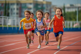 Fototapeta  - Group of children filled with joy and energy running on athletic track, children healthy active lifestyle concept