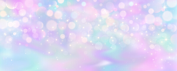 Wall Mural - purple unicorn background. pastel watercolor sky with glitter stars and bokeh. fantasy galaxy with h