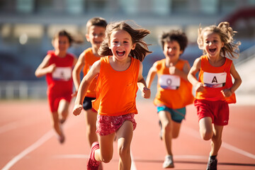 group of children filled with joy and energy running on athletic track, children healthy active life