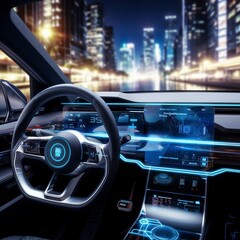 A futuristic modern electric car dashboard, interior, digital technology background 