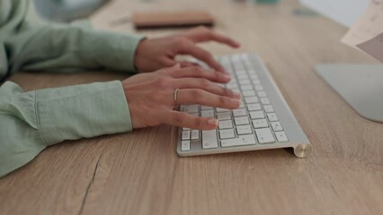 Canvas Print - Search, computer and hands of business person in office for planning, website and email. Communication, technology and keyboard with closeup of employee typing for networking, internet and online