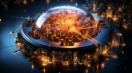 Poster - The concept of a Futuristic high-tech big smart city with computer technology microchips and microchips with processors and transistors to control artificial intelligence. AI generated