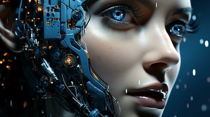 Poster - Connection of human woman and artificial intelligence robot. The concept of merging a person and a computer with neural networks in the future. AI generated