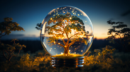 Poster - Green trees and plants in the glass sphere of a light bulb. The concept of green environmentally friendly alternative energy and ecology. AI generated