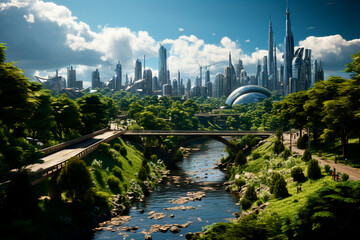 Wall Mural - futuristic city landscape with fantasy planet and river